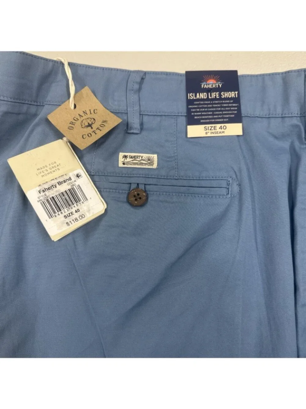 Faherty Island Life Shorts Organic Cotton Size Mens 40 Seaside Blue Chino Preppy